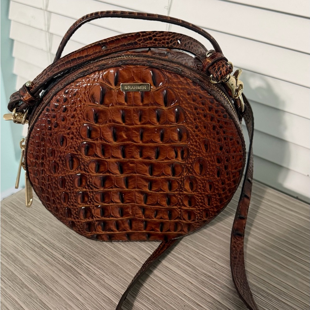 Brahmin Cognac Croc-Embossed Round Crossbody Bag